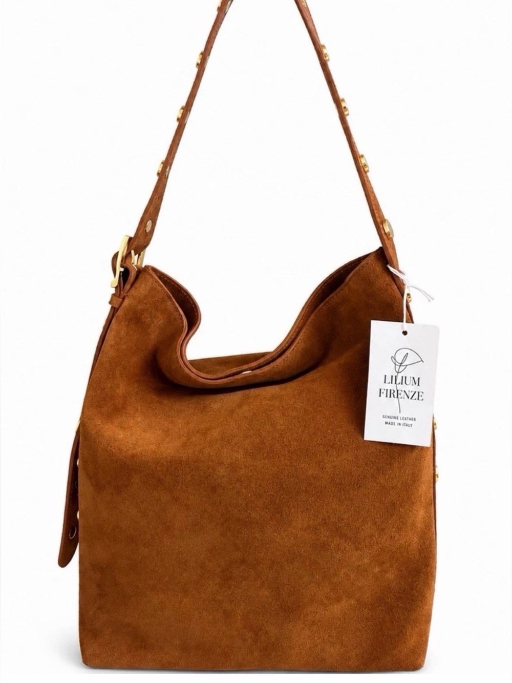 Lilium Firenze Suede Bucket Shoulder Bag in cognac - Picture 2 of 9